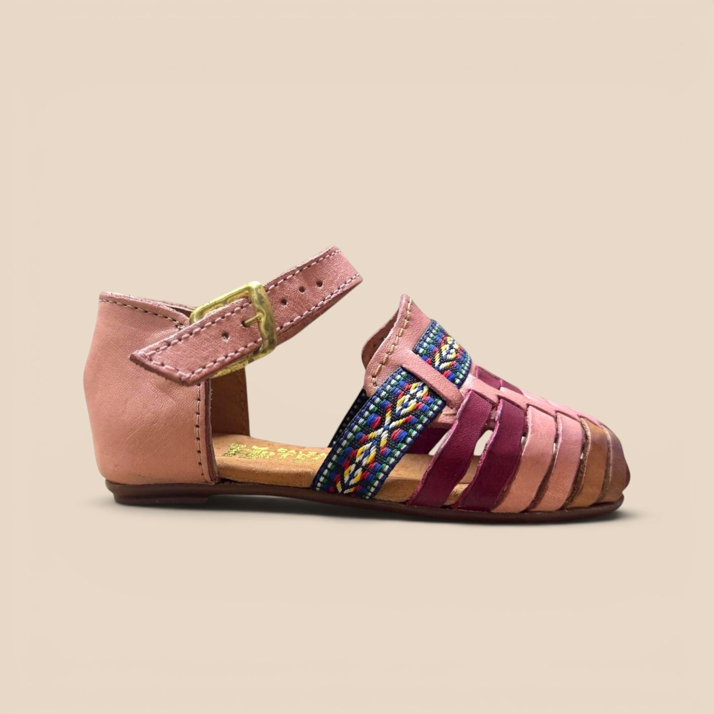 N 3 — Huarache Artesanal Niña · Rosa con Bordado Étnico · Piel Genuina