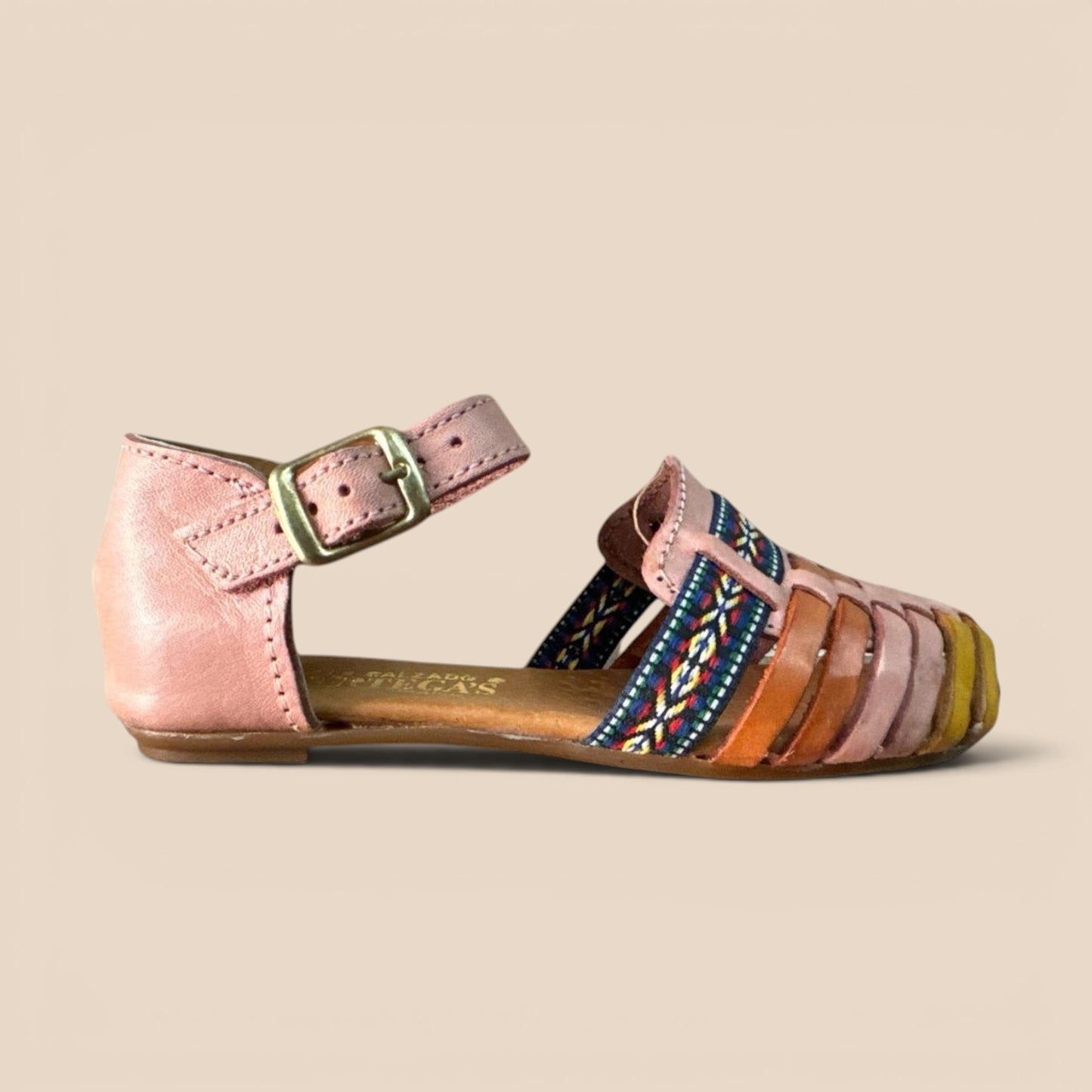 N 5 — Huarache Artesanal Niña · Rosa Claro con Tiras Multicolor · Piel Genuina