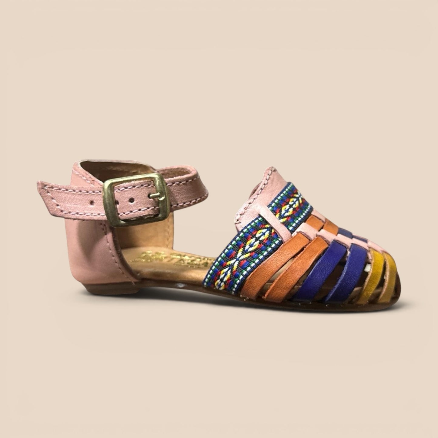 N 2 — Huarache Artesanal Niña · Tiras Multicolor con Bordado · Piel Genuina